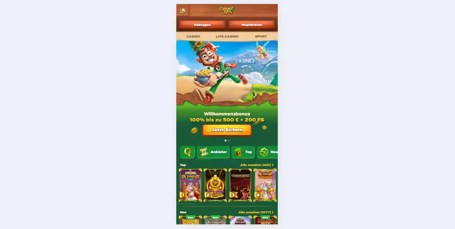 Aktuelle Ansicht der offiziellen Greenluck Webseite in einem mobilen Smartphone-Viewport